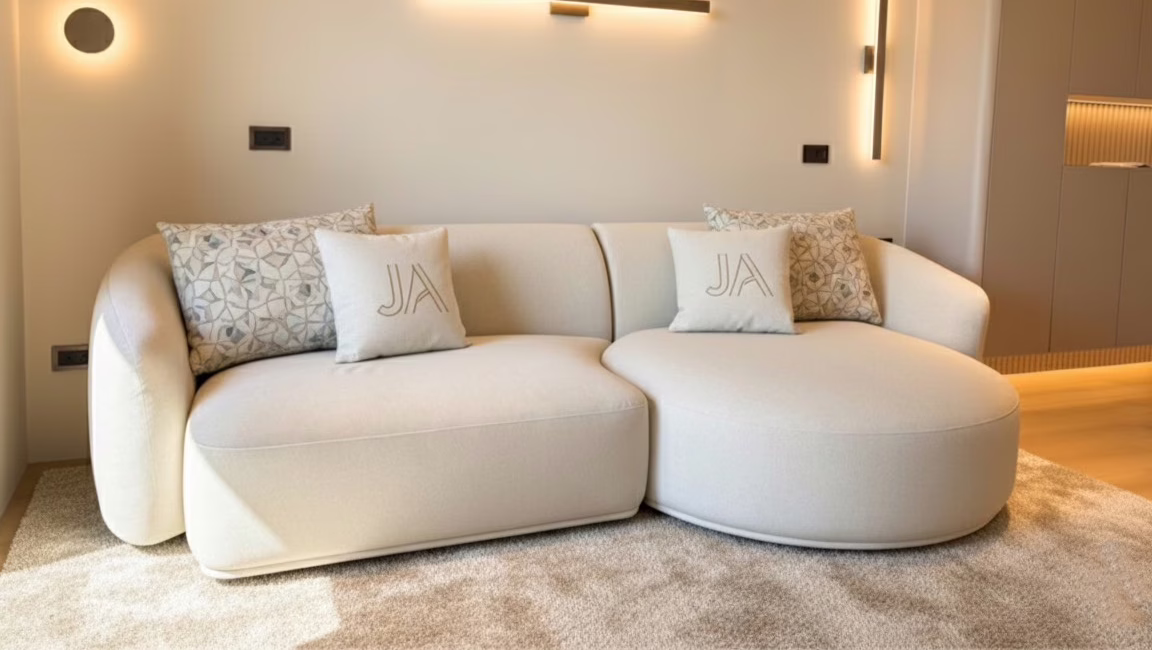 米白色圓弧海灣型質感布沙發